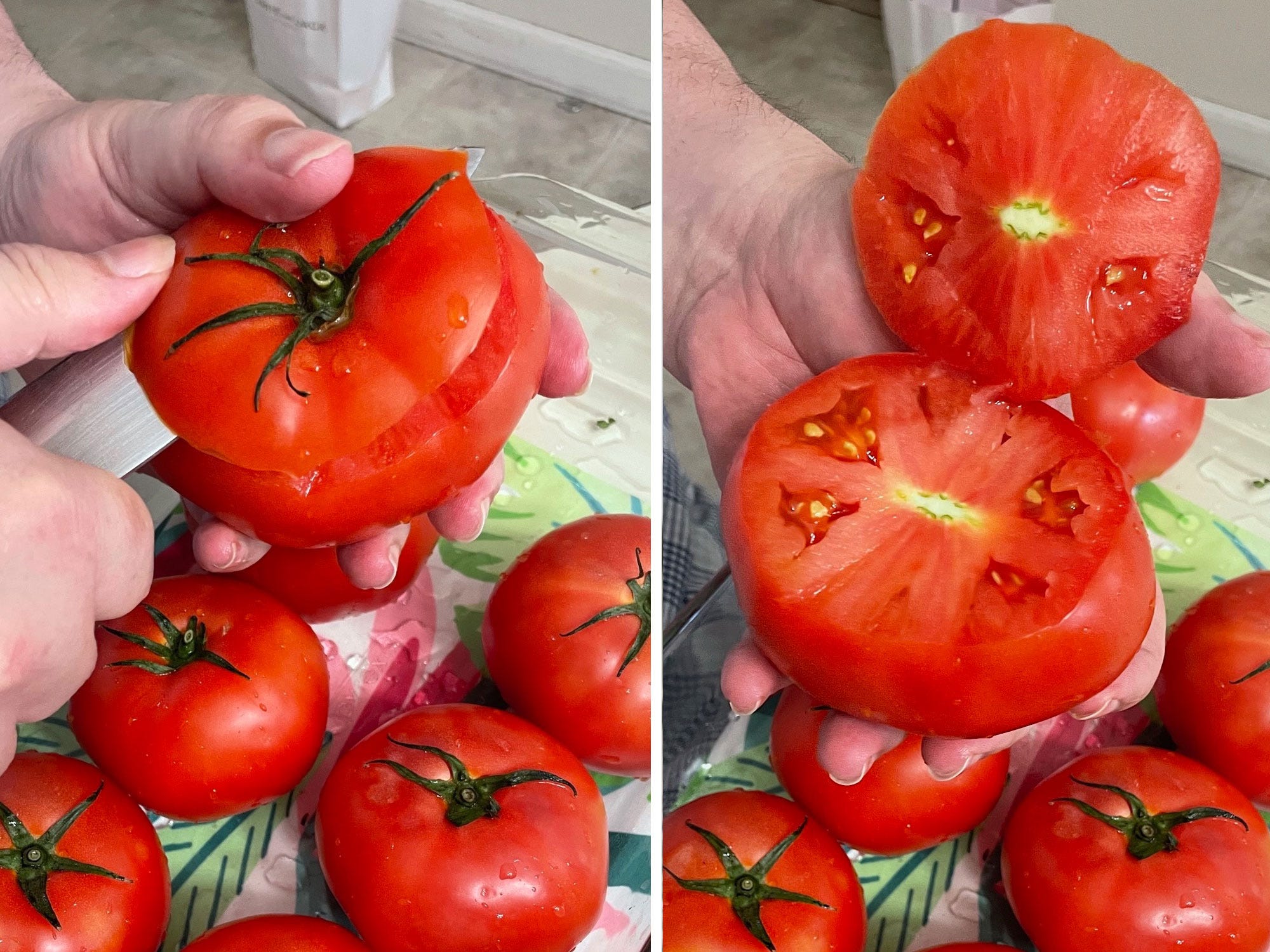 Cutting tomatoes for my Greek dad's yemista