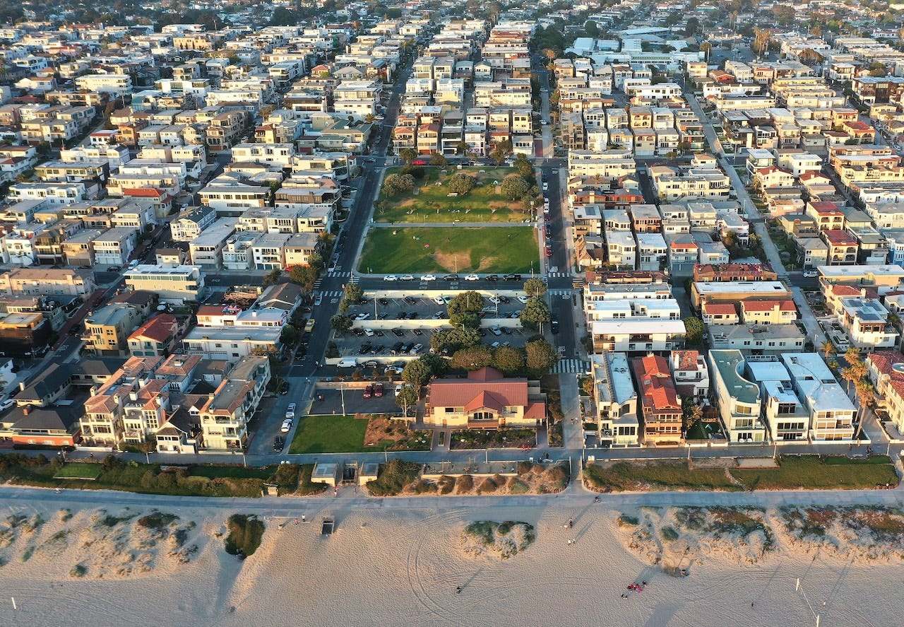 An aerial view of beachfront real estate in Manhattan Beach, California.