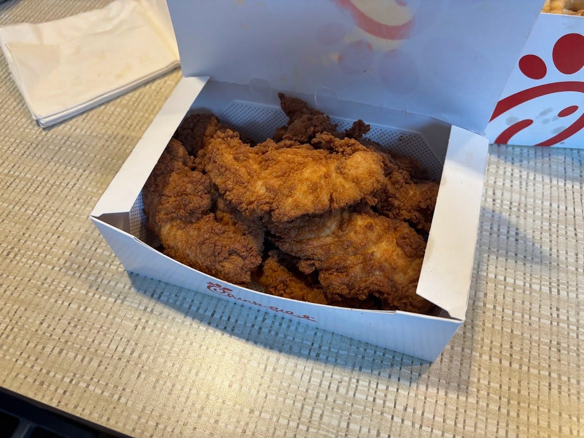 Chicken tenders in white box at Chick-fil-A
