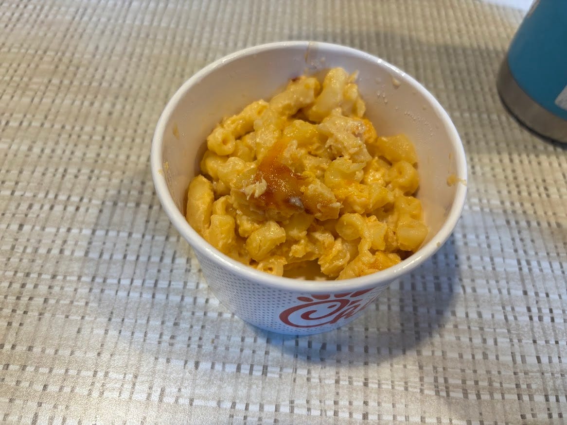 Mac and cheese in small container at Chick-fil-A 