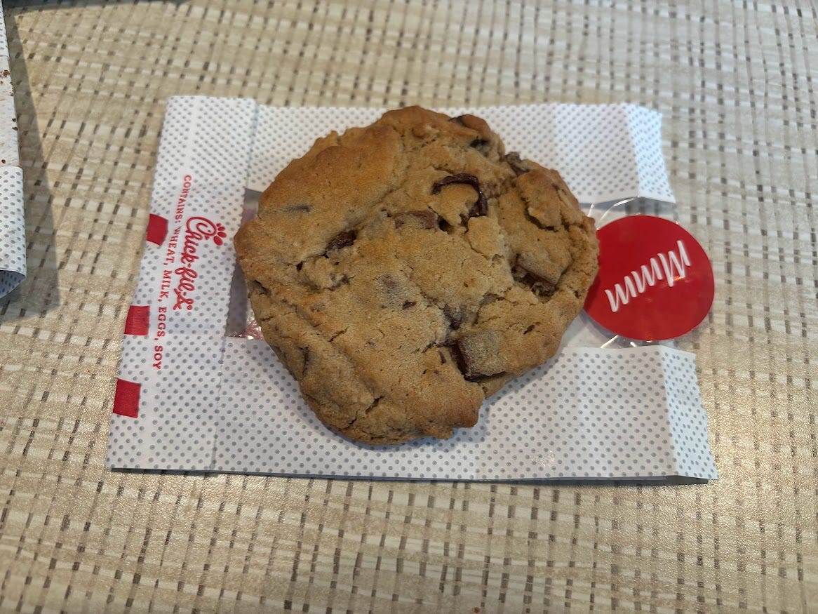 Chocolate chip cookie on Chick-fil-A  paper