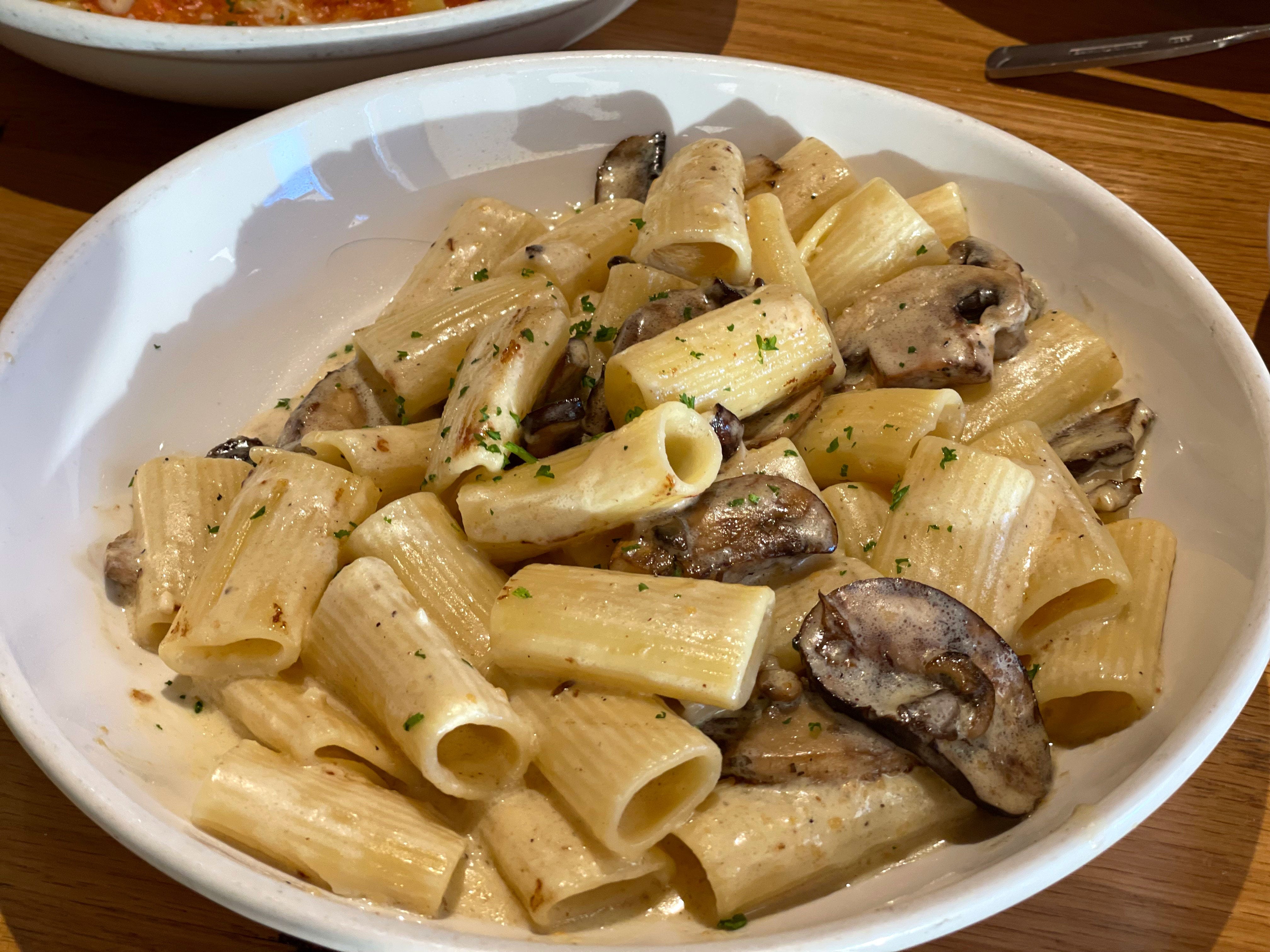 A bowl of rigatoni in a cream sauce with mushrooms.