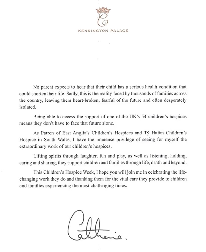 Kate Middleton's public note on Children's Hospice Week.
