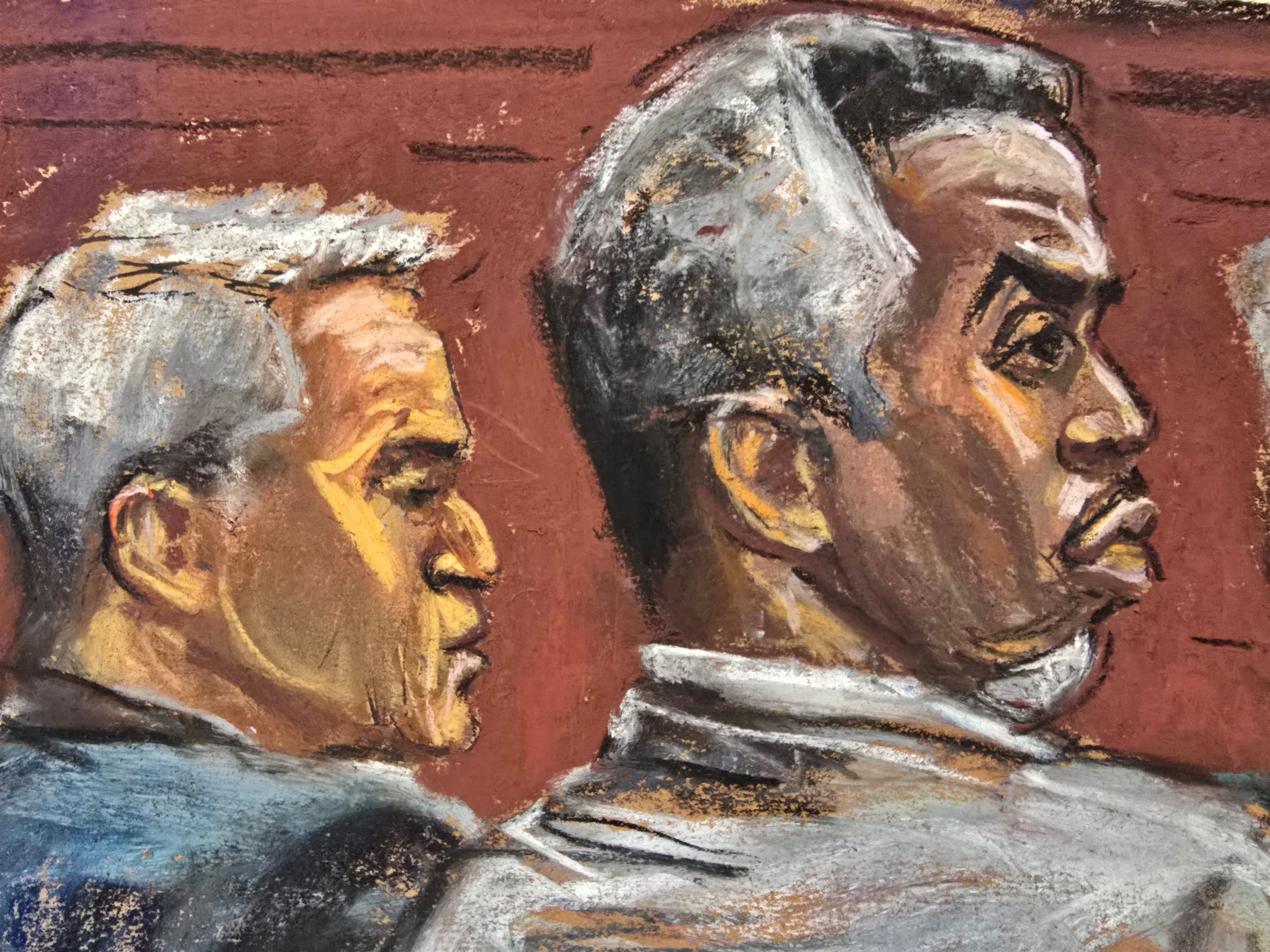 This courtroom sketch shows Sean "Diddy" Combs at the defense table Friday with attorney Brian Steel.