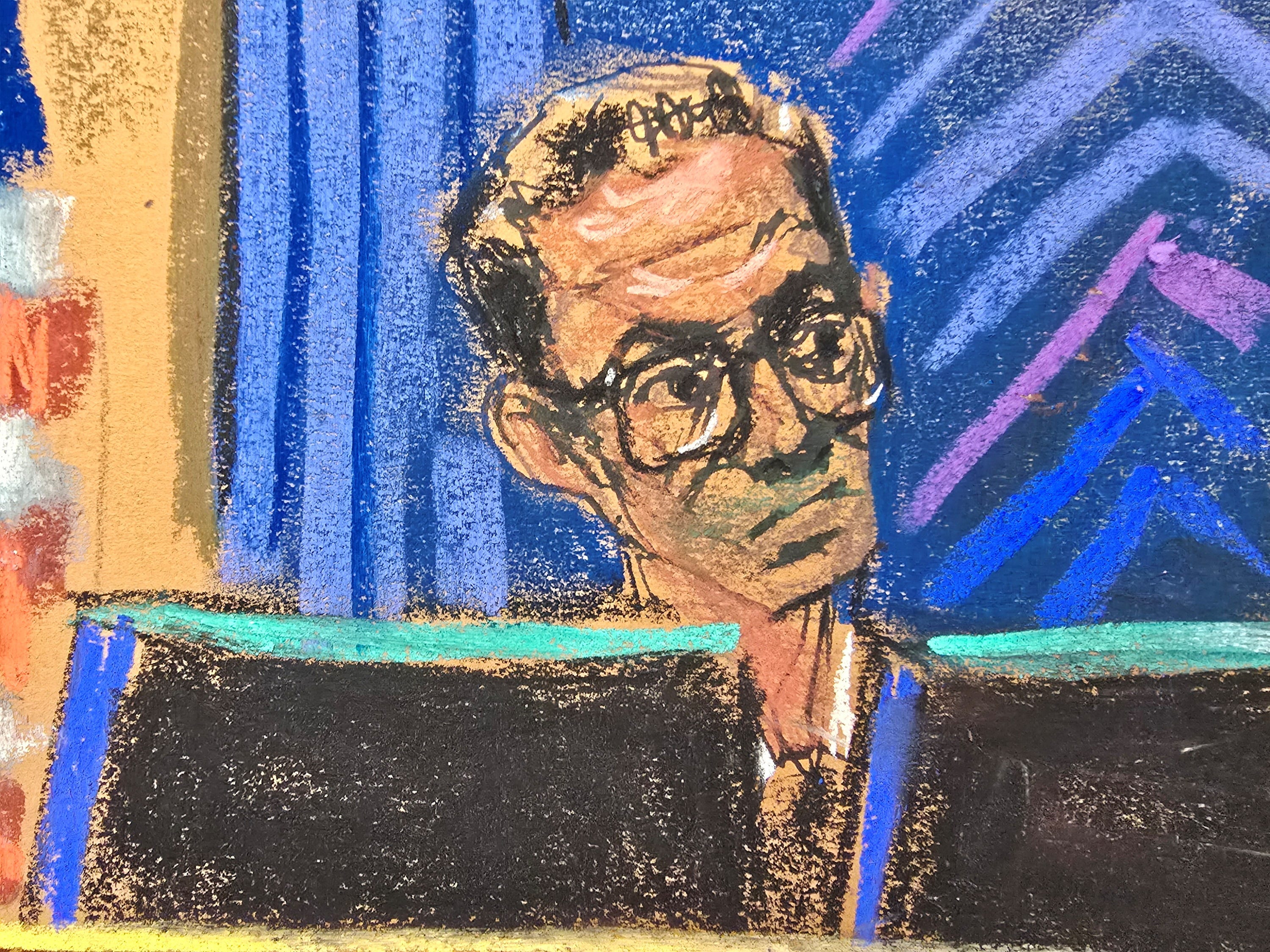This courtroom sketch shows US District Judge Arun Subramanian, who is presiding over the Sean "Diddy" Combs sex-trafficking trial.