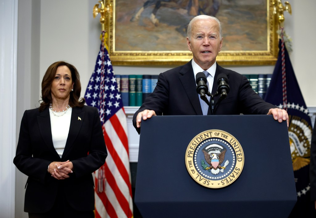 President Biden delivers remarks from the White House alongside Vice President Kamala Harris on July 14, 2025.