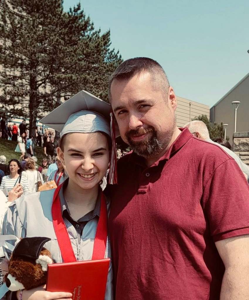Gwendolyn Smith with her stepfather Matthew after her high school graduation on June 1, 2025.