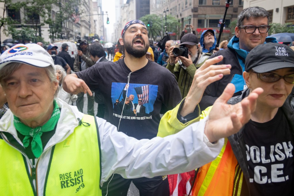 A Trump supporter at the 2025 No Kings March in Manhattan.