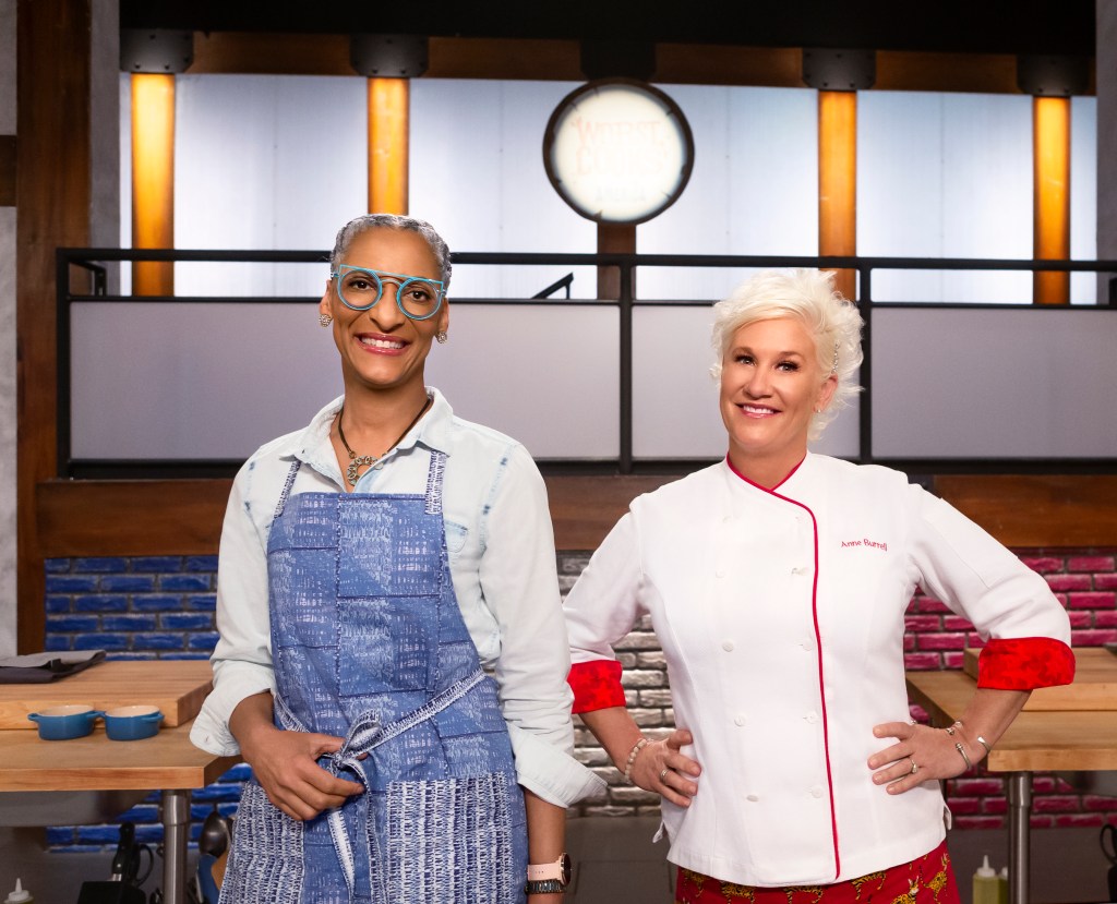 Carla Hall and Anne Burrell on set.