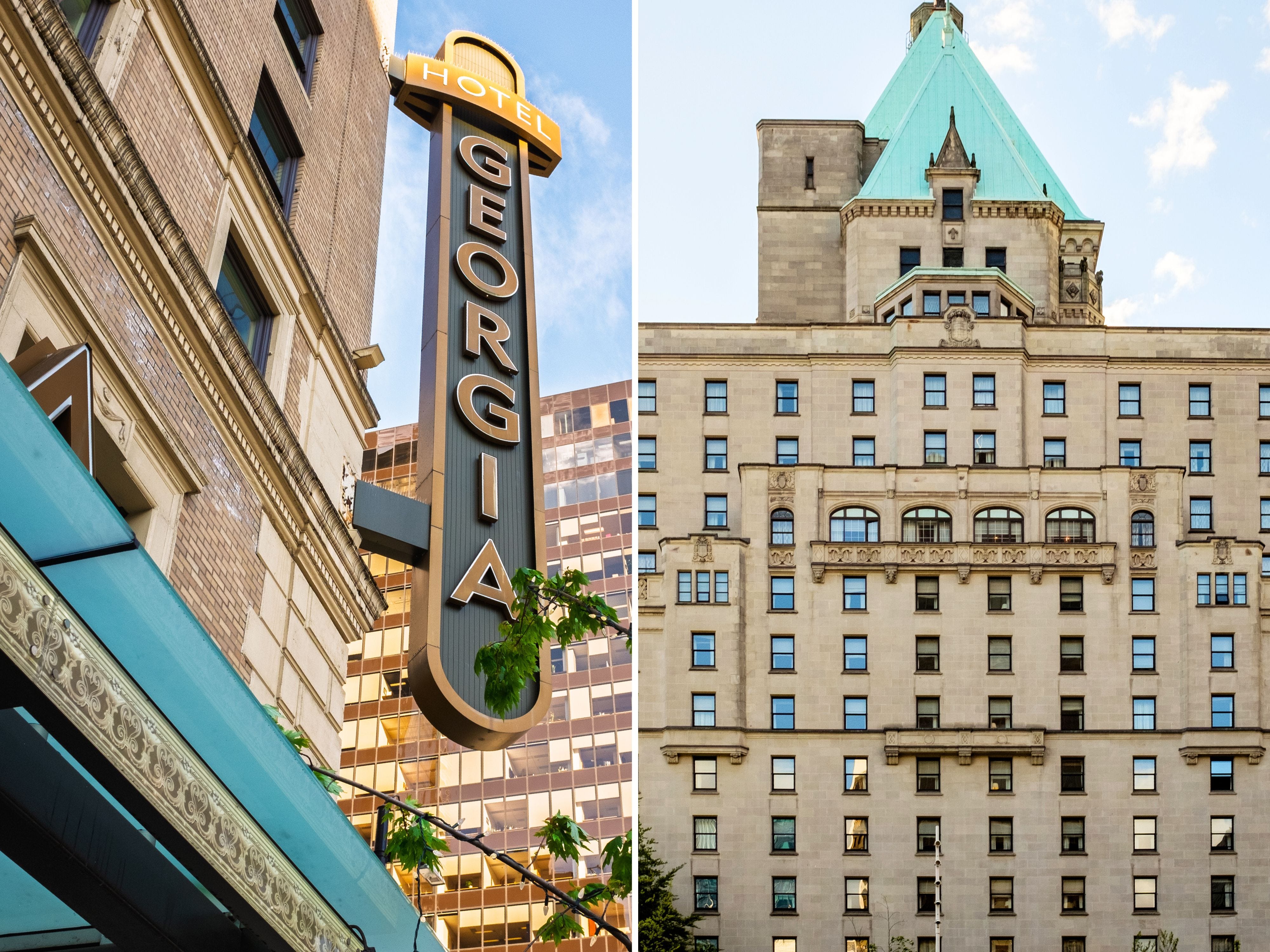 A composite image of a hotel sign on the side of a building and a castle-like hotel with a green rooftop