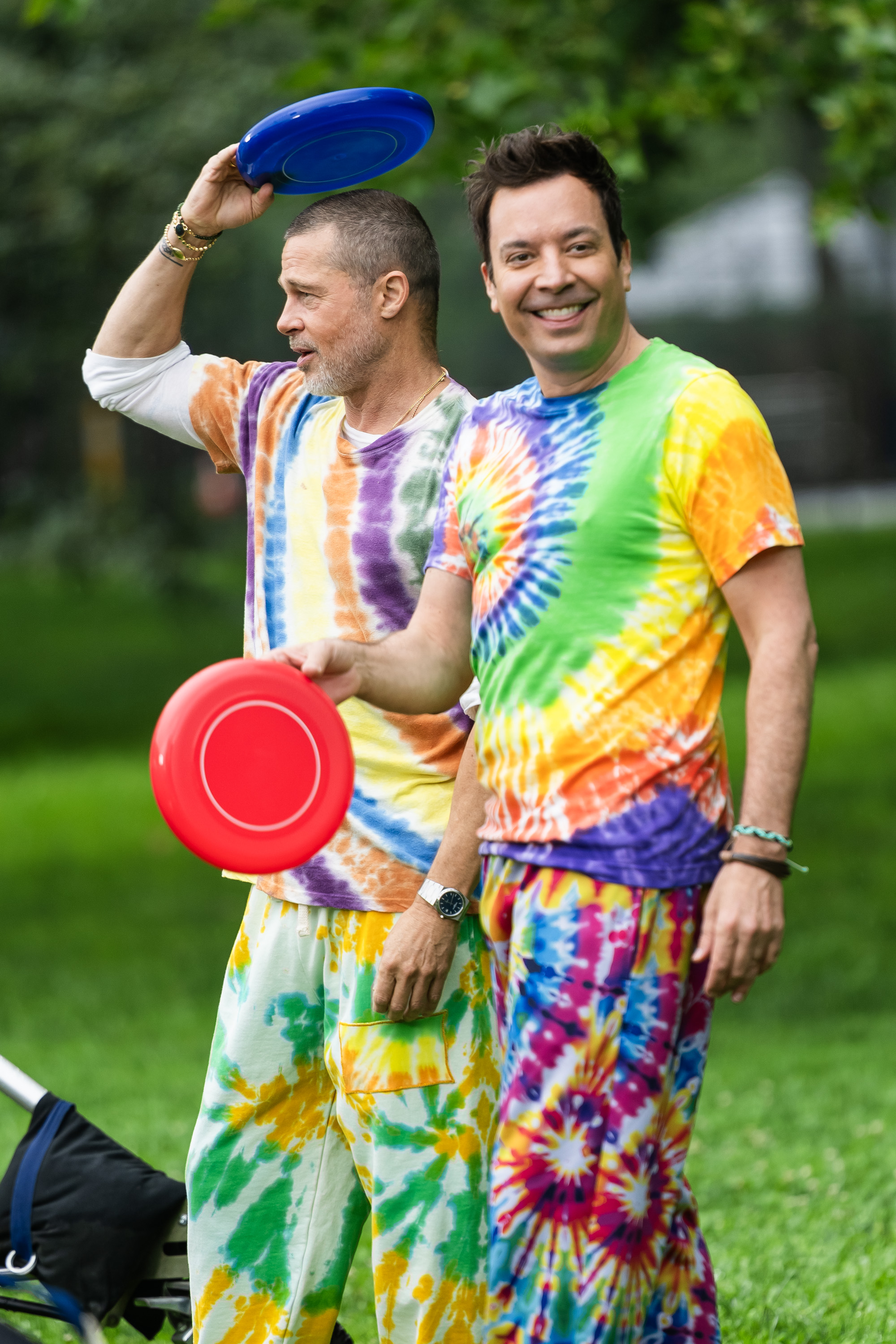 Brad Pitt (left) and Jimmy Fallon film a bit for Fallon’s “Tonight Show” at Riverside Park on the Upper West Side.
