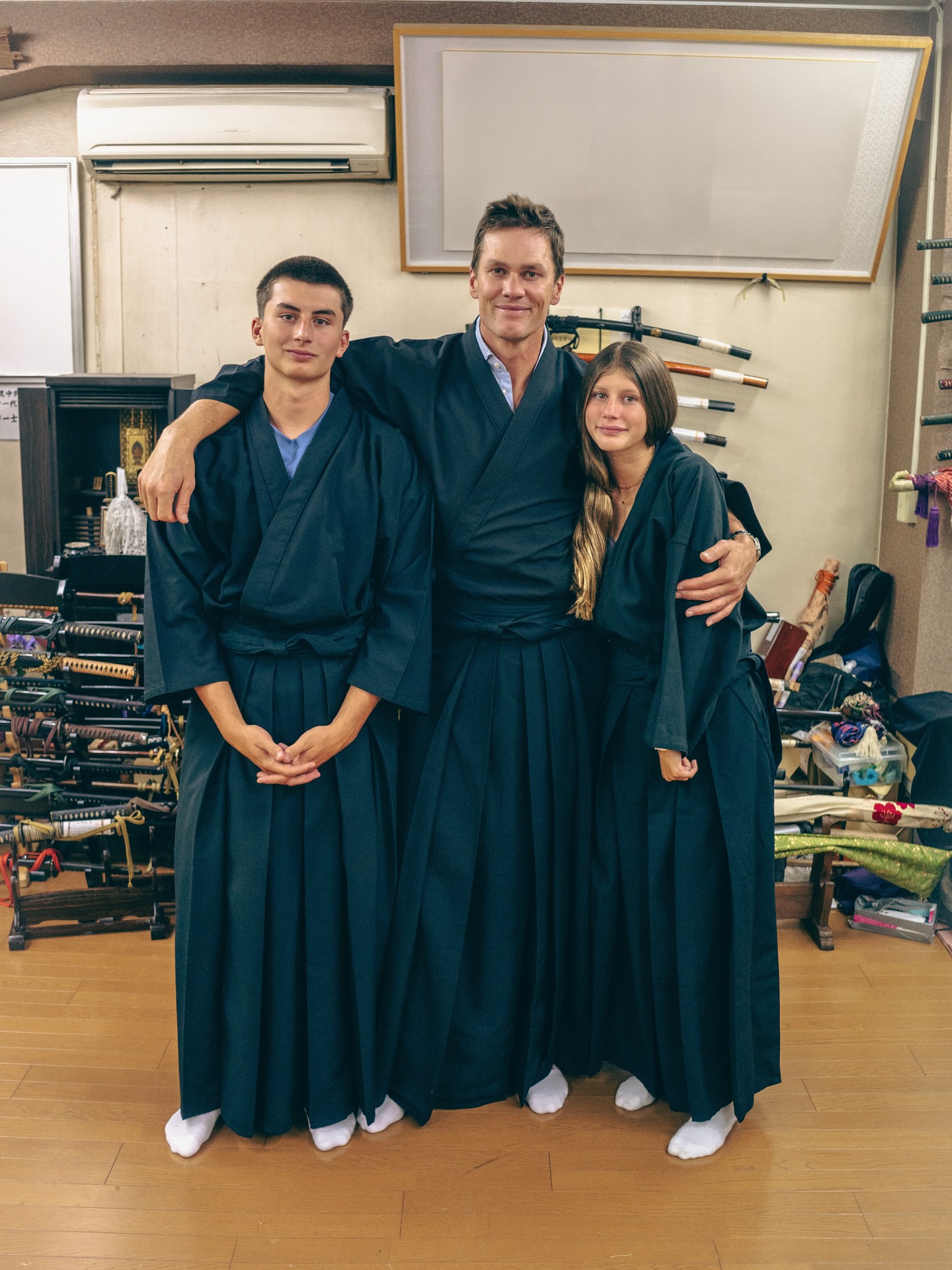 Tom Brady, his son Benjamin and daughter Vivian are psyched to sharpen their samurai skills while on a family vacation to Japan.
