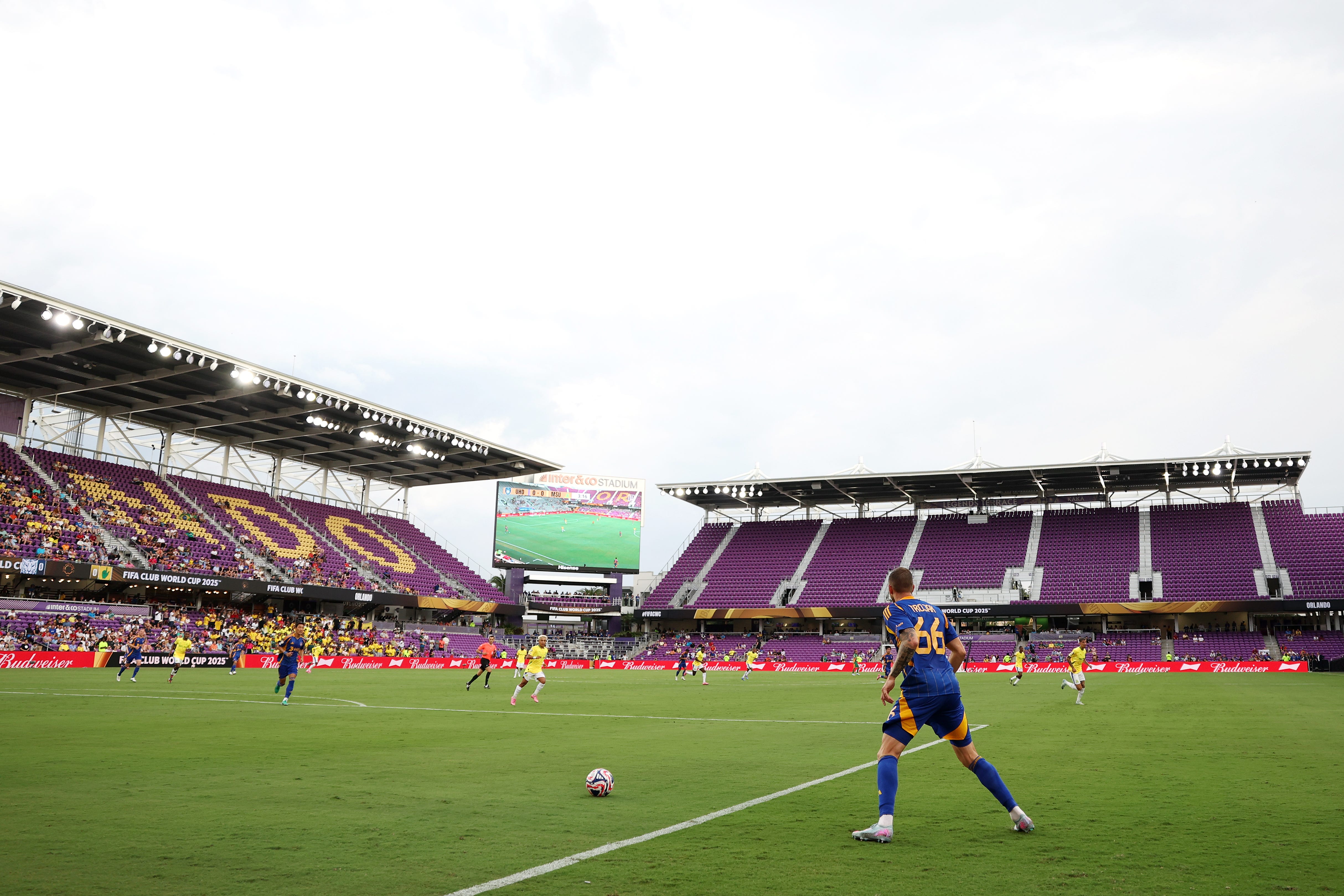 General view inside the stadium as Milosz Trojak #66 of Ulsan HD controls the ball with a view of empty stands during the FIFA Club World Cup 2025 group F match between Ulsan HD FC and Mamelodi Sundowns FC at Inter&Co Stadium on June 17, 2025 in Orlando, Florida.