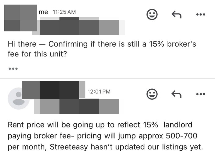 Screenshots of a text exchange showing a landlord raising rent to cover a 15% broker's fee.