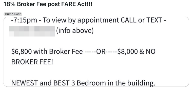 Screenshot of a social media post showing a landlord advertising a 3-bedroom apartment for $6,800 with a broker fee or $8,000 without.
