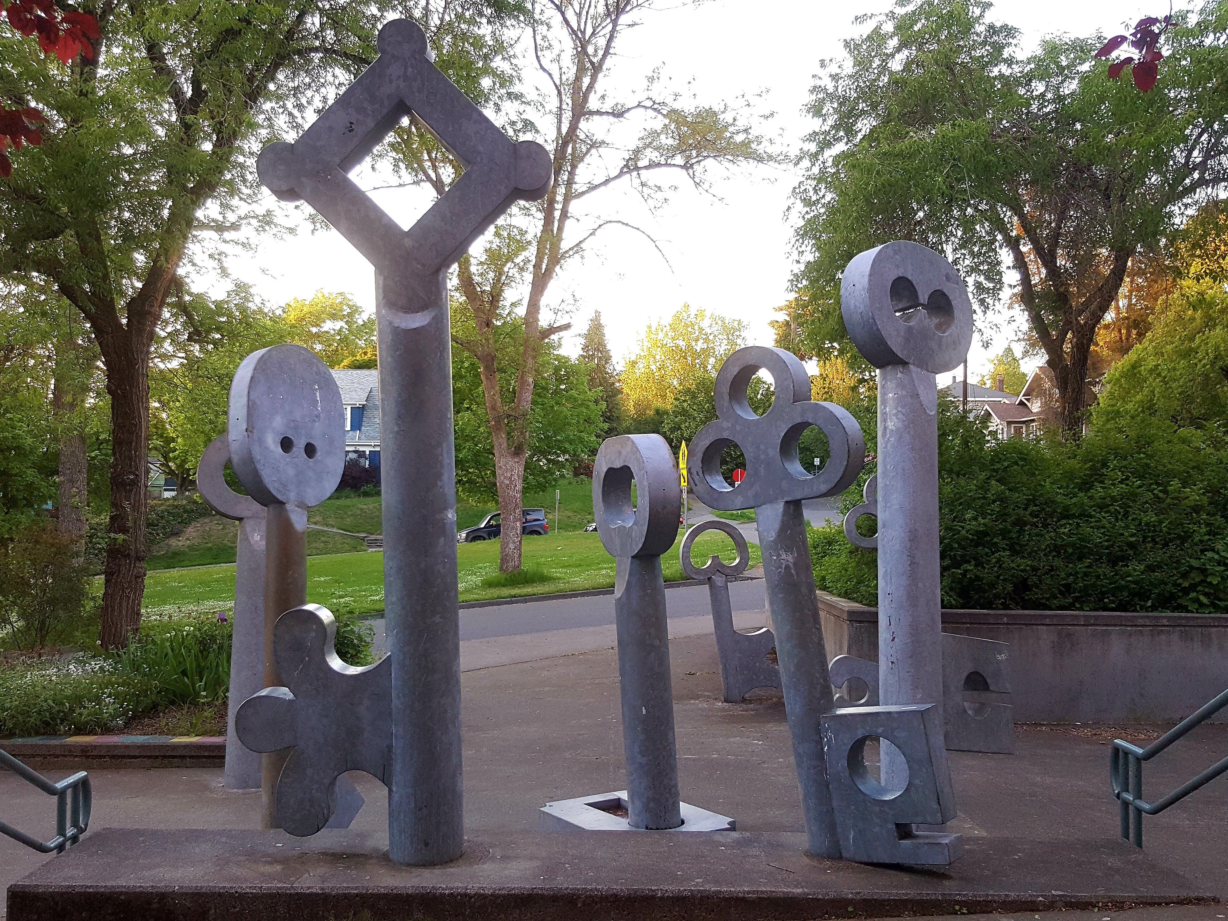 Clark Wiegman's Key Grove sculpture installation in front of Franklin High School in Seattle.