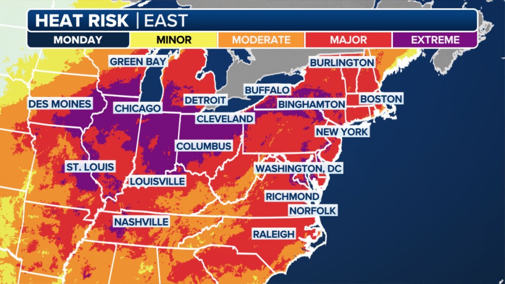 Map of US East Coast heat risk by region.