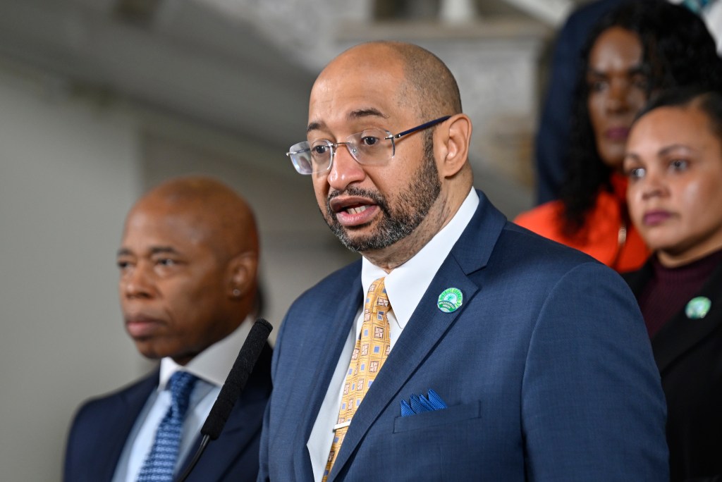 Henry Garrido speaking at Mayor Adams' labor announcement.