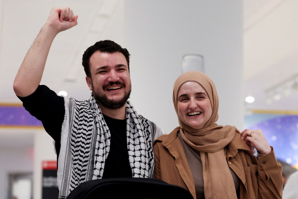 Mahmoud Khalil and his wife celebrating his release from immigration custody.