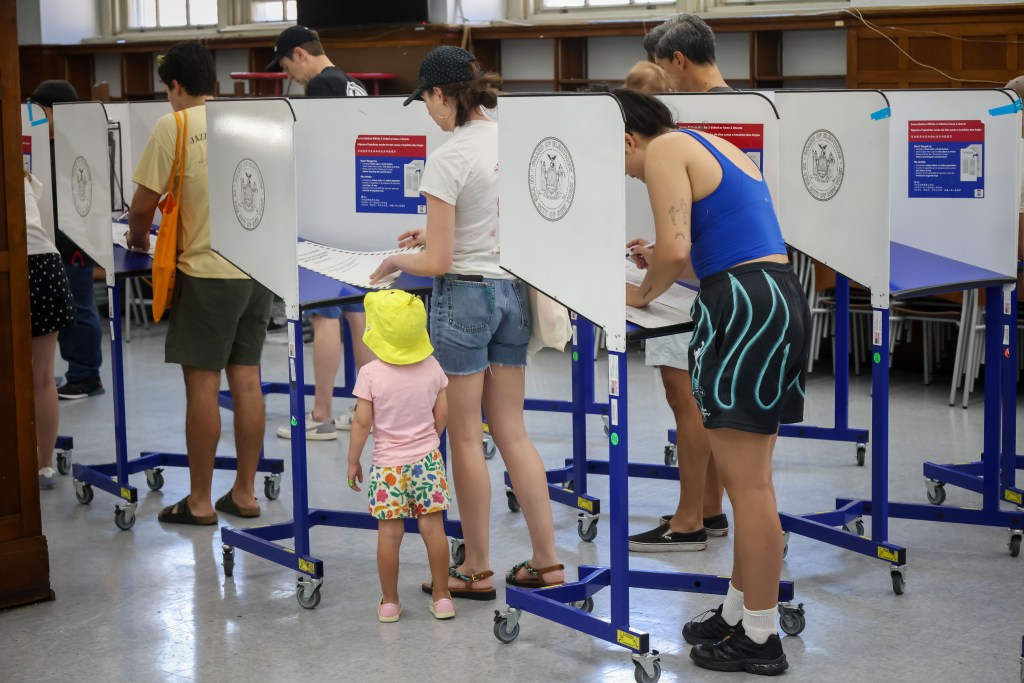 Voters take part in early voting during the democratic primary at John Jay High School