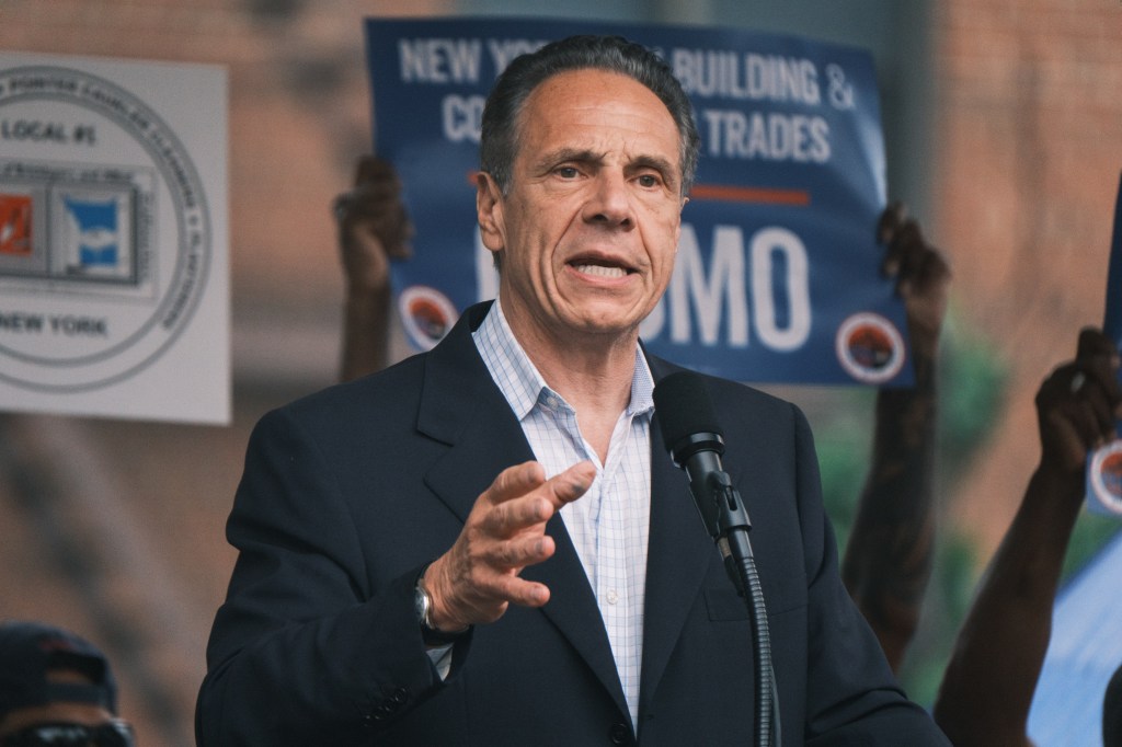 Andrew Cuomo speaking at a union rally.