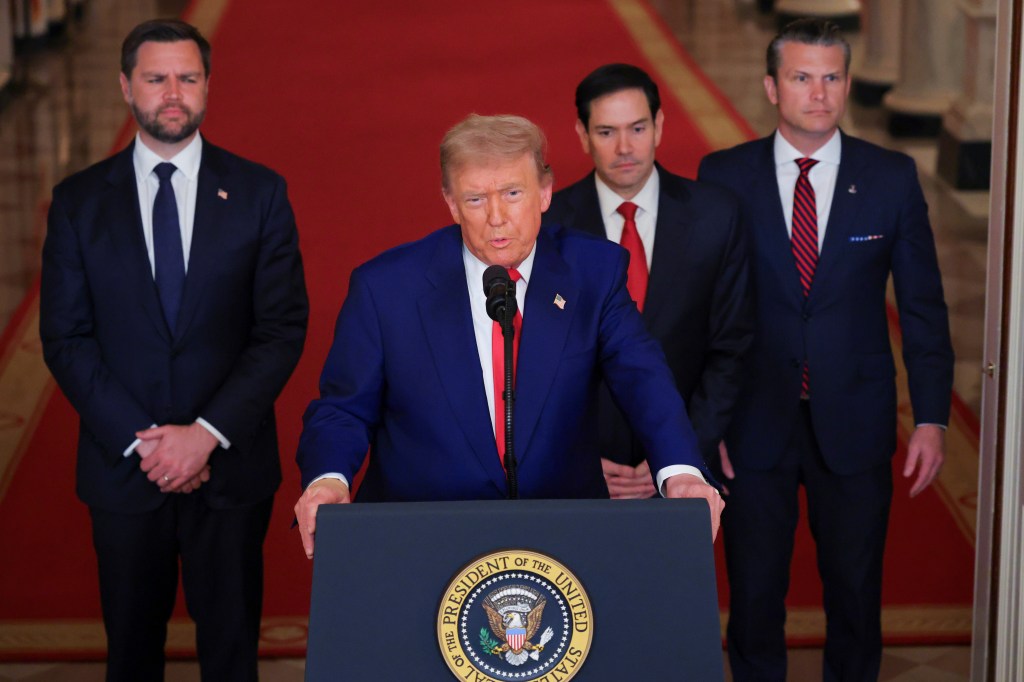 President Donald Trump delivers an address to the nation alongside Vice President JD Vance, Secretary of State Marco Rubio and Defense Secretary Pete Hegseth from the White House on June 21, 2025. 