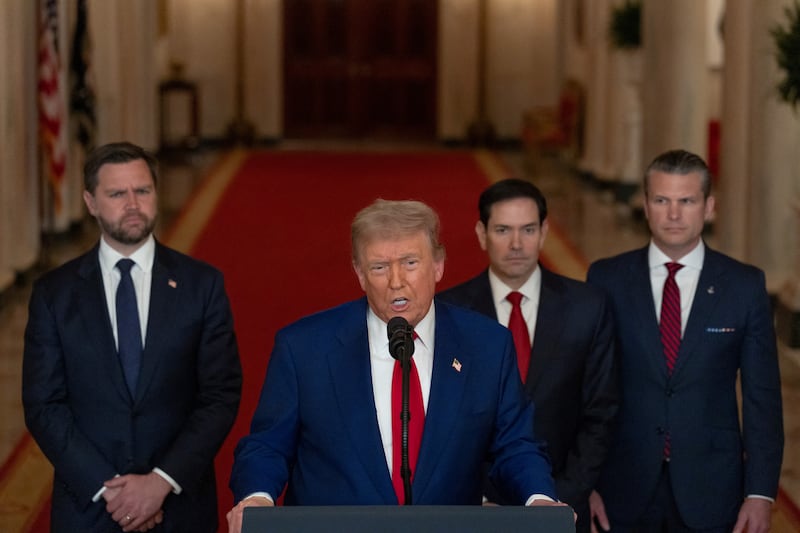 U.S. President Donald Trump delivers an address to the nation alongside U.S. Vice President JD Vance, U.S. Secretary of State Marco Rubio and U.S. Defense Secretary Pete Hegseth at the White House in Washington, D.C., U.S. June 21, 2025, following U.S. strikes on Iran's nuclear facilities.