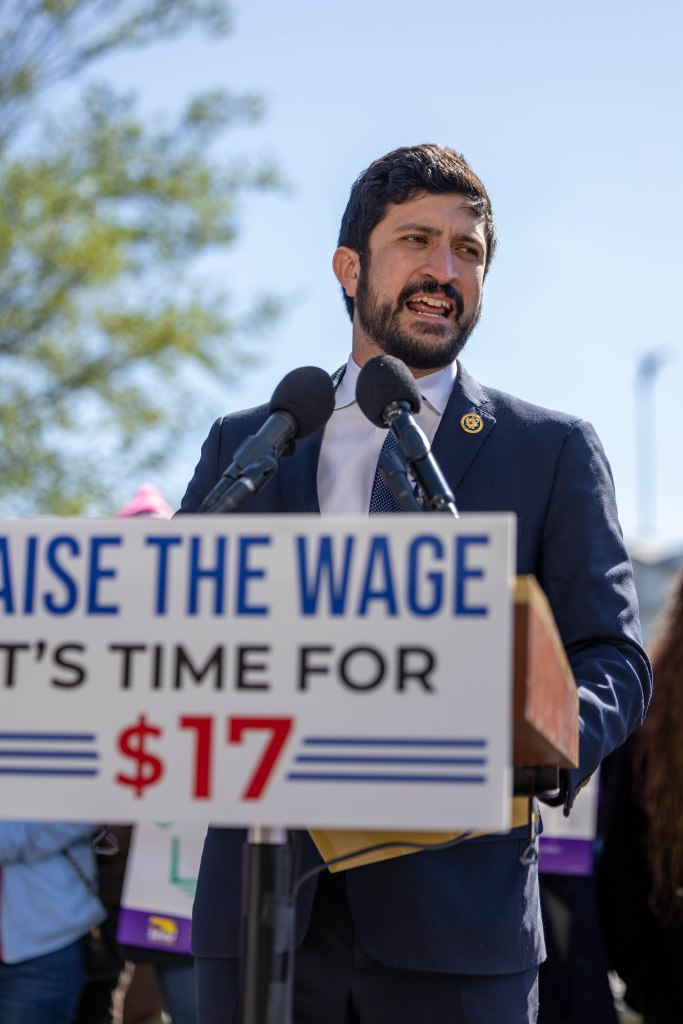 Rep. Greg Casar speaking at a press conference to reintroduce the Raise the Wage Act.