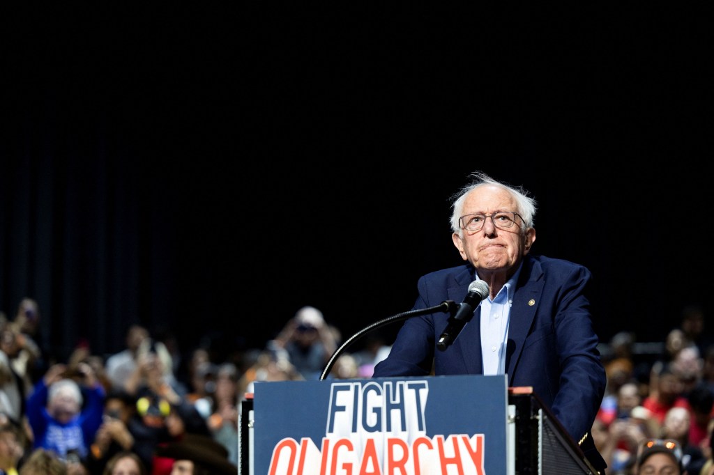 Bernie Sanders speaking at a rally.