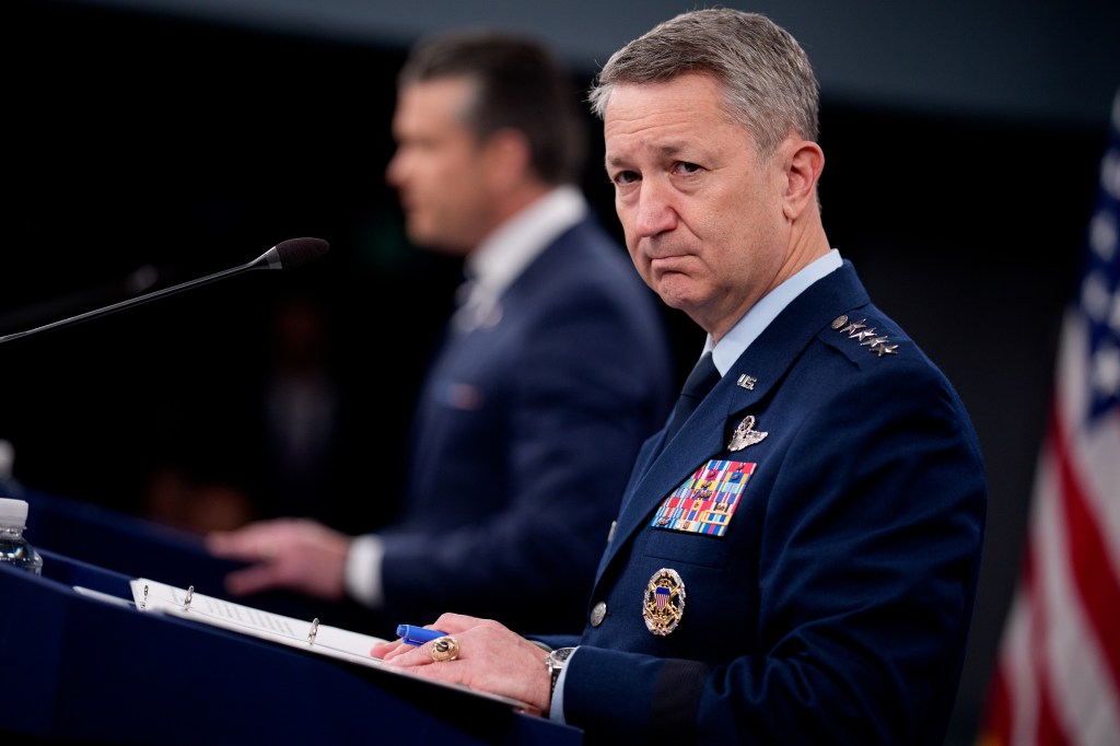 Defense Secretary Pete Hegseth and Chairman of the Joint Chiefs of Staff Air Force Gen. Dan Caine briefing on Iran strike.