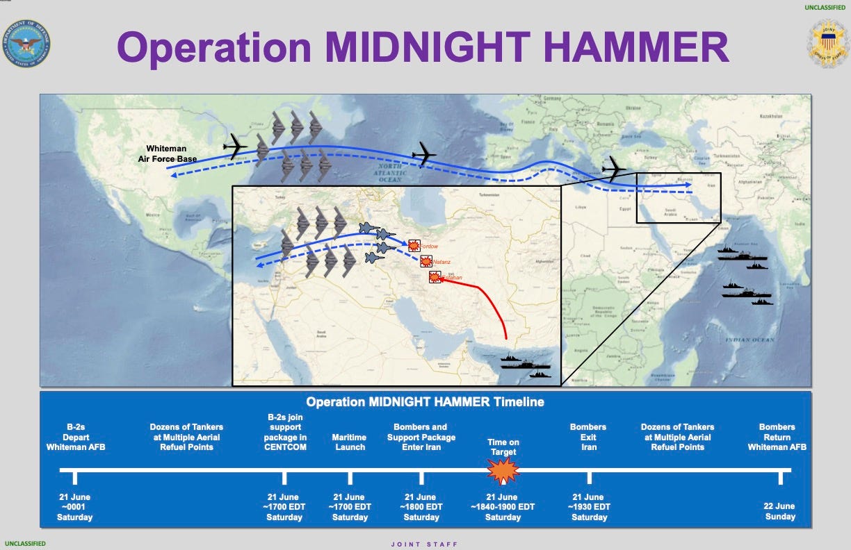A US military graphic detailing the timeline of Operation Midnight Hammer, which saw dozens of US military aircraft and other assets deployed to strike Iranian nuclear facilities.