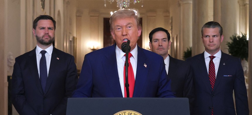 President Donald Trump speaks at the White House on June 21, 2025, after ordering the bombing of Iran. He is joined by Vice President JD Vance, left, Secretary of State Marco Rubio, and Defense Secretary Pete Hegseth.