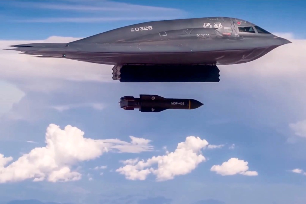 B-2 Spirit stealth bomber releasing a GBU-57 Massive Ordnance Penetrator bomb.