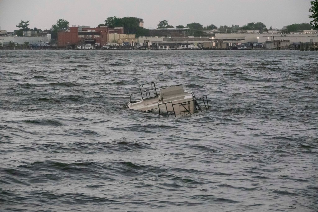 An abandoned boat peeks out along the College Point shore.