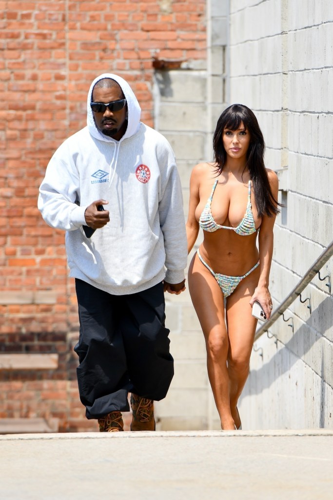 Kanye West and Bianca Censori arrive at a Brooklyn studio, with Bianca turning heads in a bikini made out of candy.