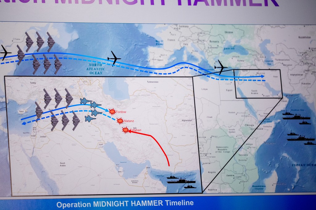 Illustration of a military operation timeline map showing air and sea routes targeting Iran.