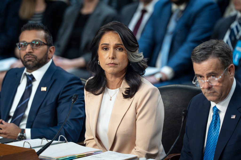 Tulsi Gabbard, Kash Patel, and John Ratcliffe at a Senate hearing.