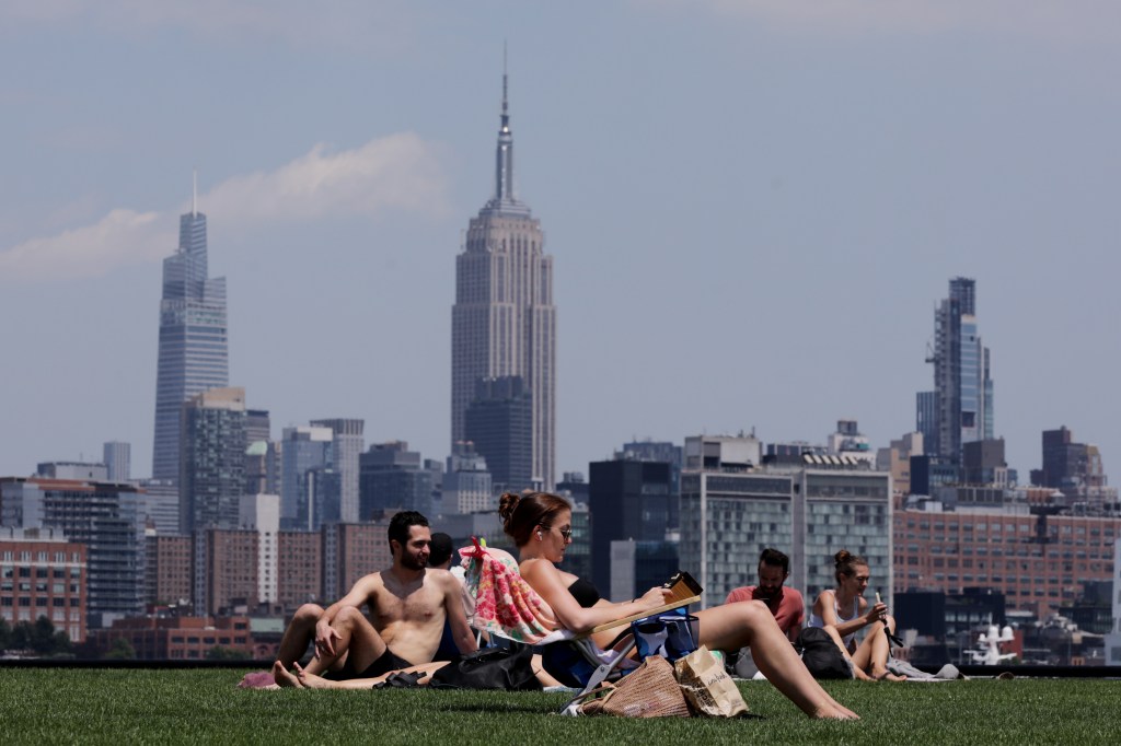 People sunbathing on a grassy area with the New York City skyline in the background.