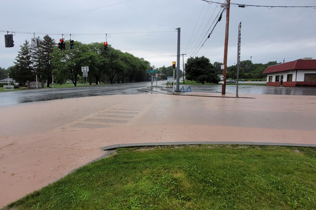 A flooded street in the village of Canastota, N.Y. on June 22, 2025.