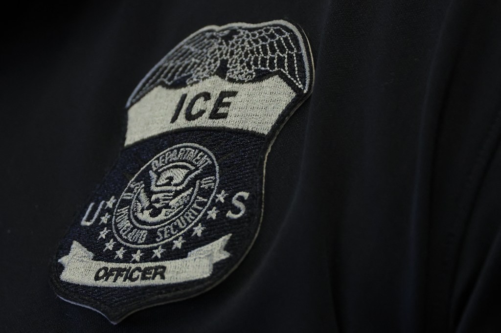 Close-up of a U.S. Immigration and Customs Enforcement (ICE) officer's patch.