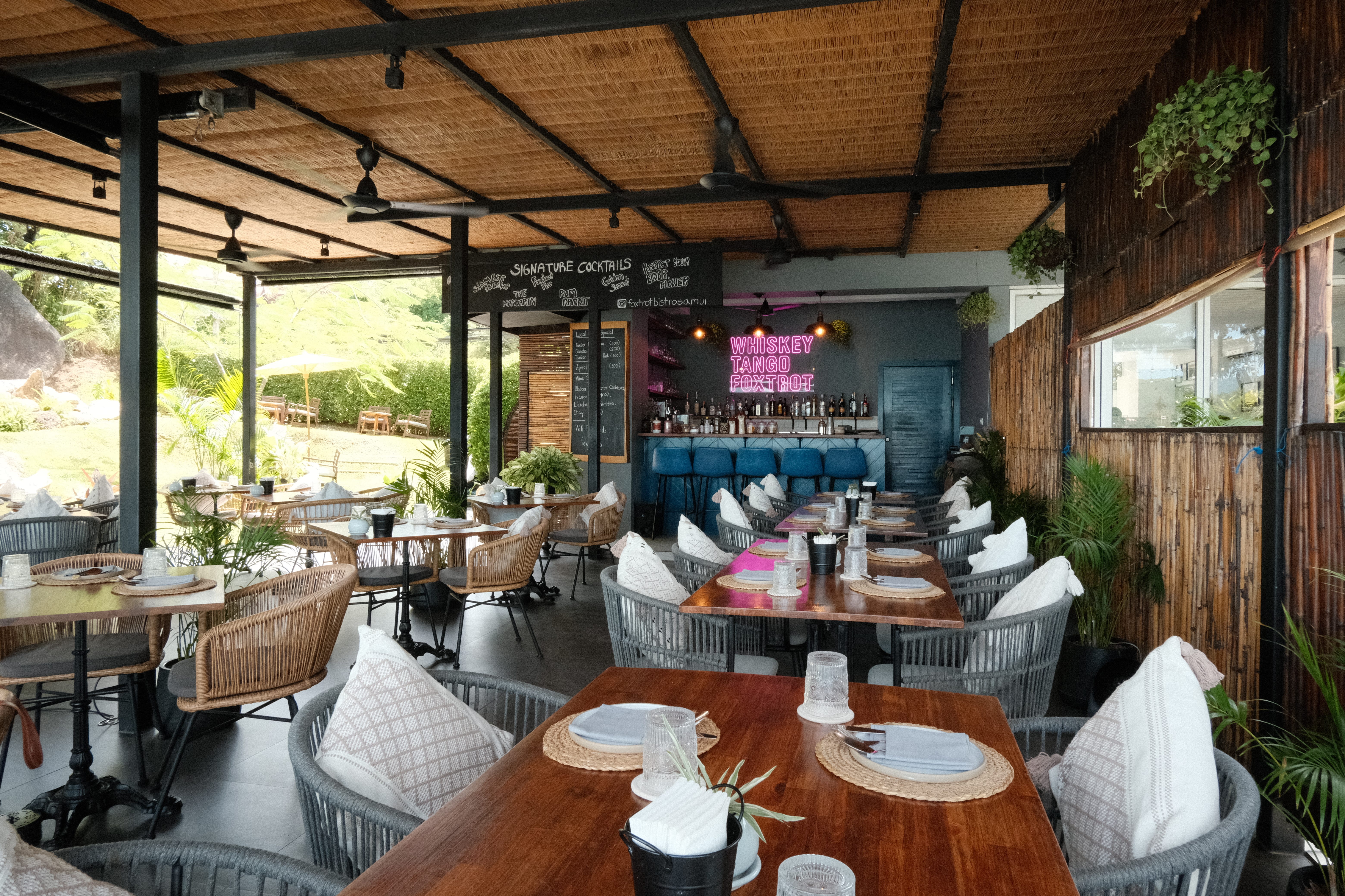 An overview of the indoor dining area in a bistro in Koh Samui, Thailand.