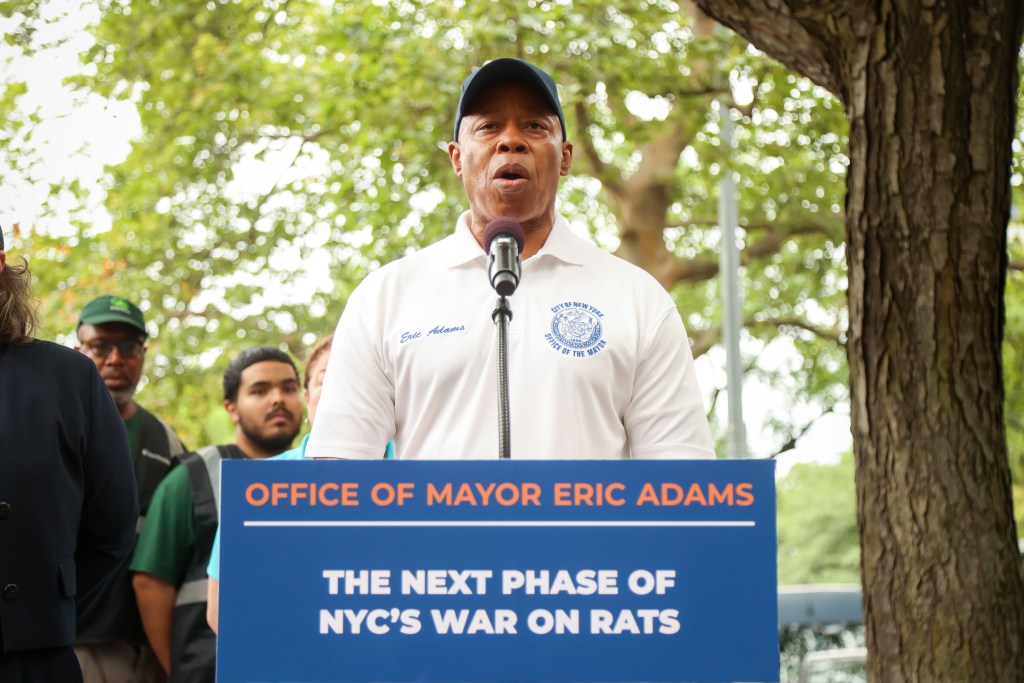 Mayor Eric Adams speaking at a press conference about NYC's war on rats.