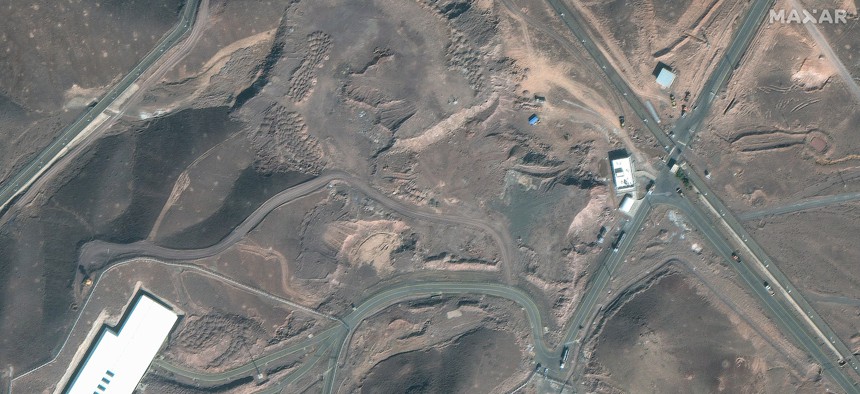 Maxar high-resolution satellite imagery of the Fordow fuel enrichment facility that revealed unusual truck and vehicular activity near the entrance to the underground military complex prior to the strike. 