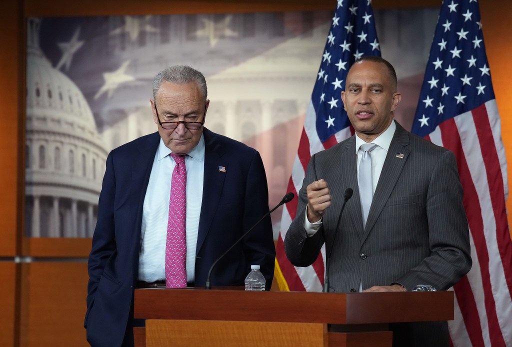Senate Minority Leader Chuck Schumer and House Minority Leader Hakeem Jeffries at a press conference urging Republicans to oppose a bill.