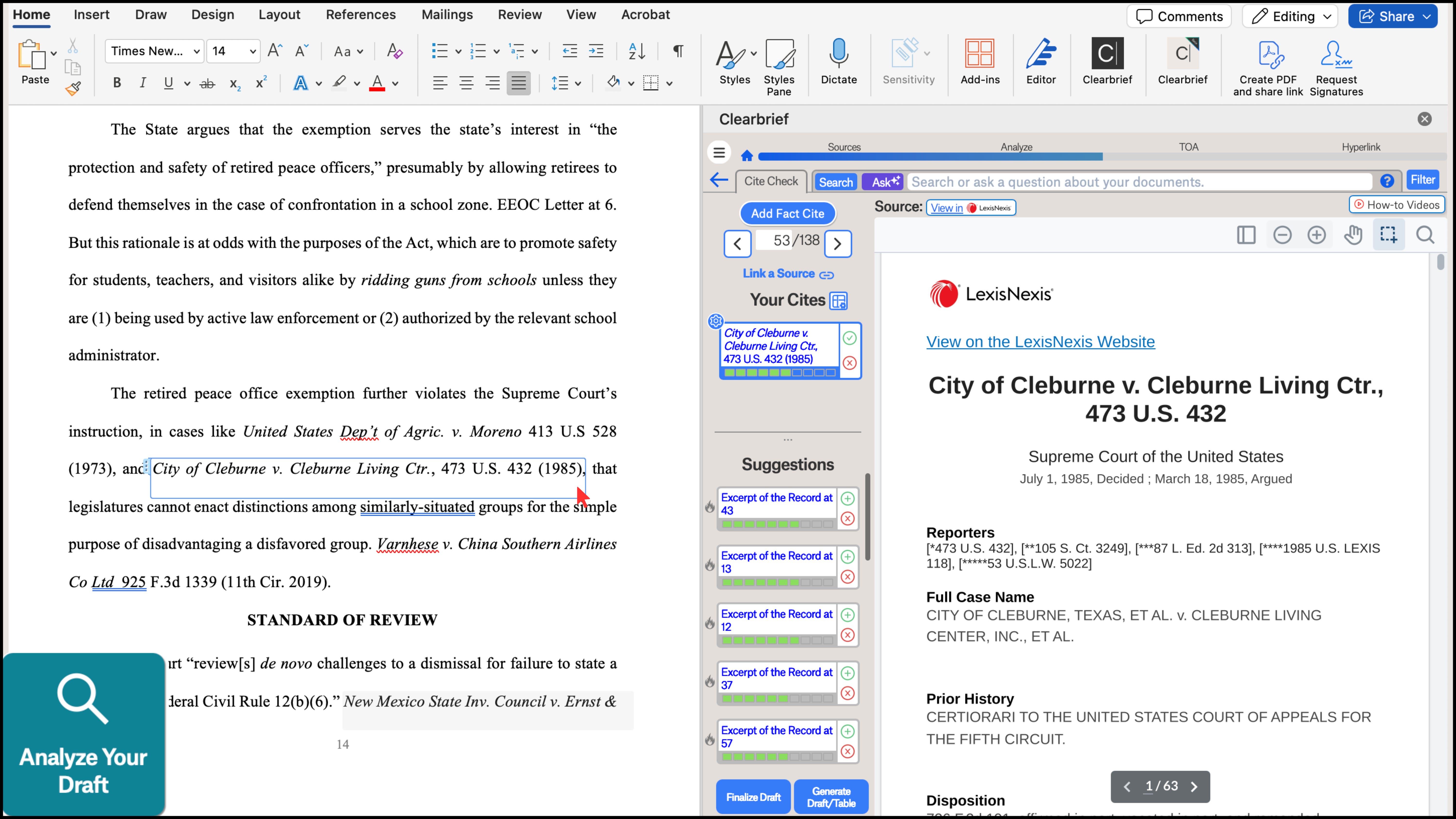 Clearbrief's Word plugin suggests citations to the underlying evidence.