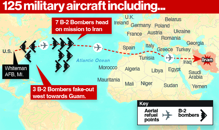 A map of the US bombing's on Iran's nuclear facilities.