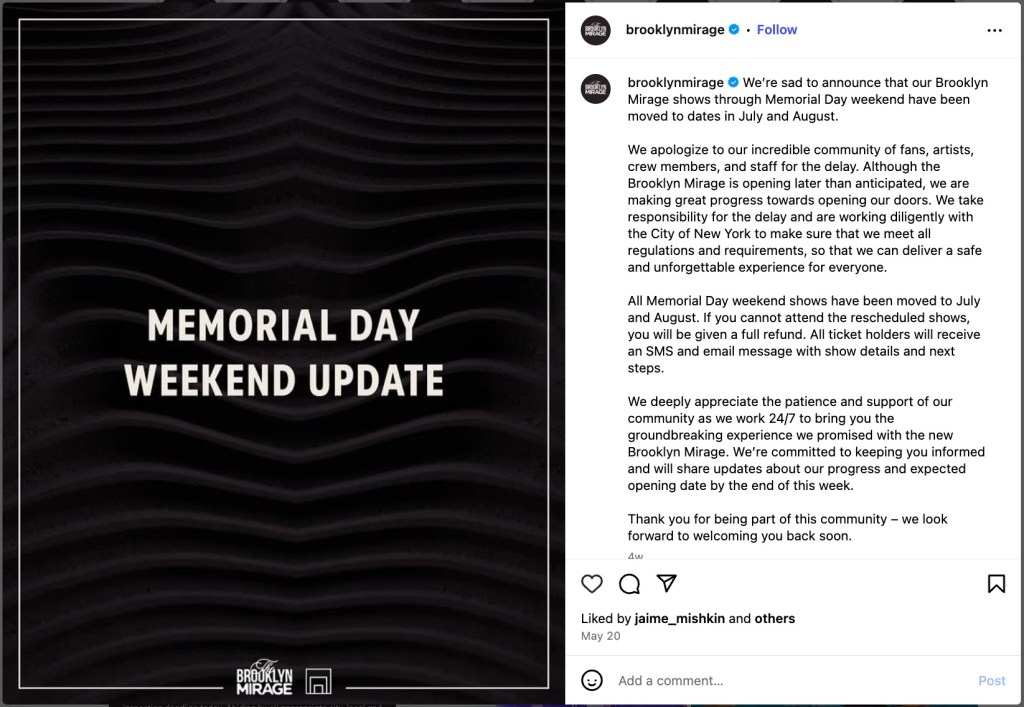 Brooklyn Mirage Memorial Day weekend shows postponed; update on rescheduling and refunds.