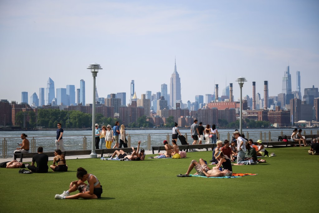 People sunbathing and relaxing on a grassy area in a park, with the Manhattan skyline in the background.