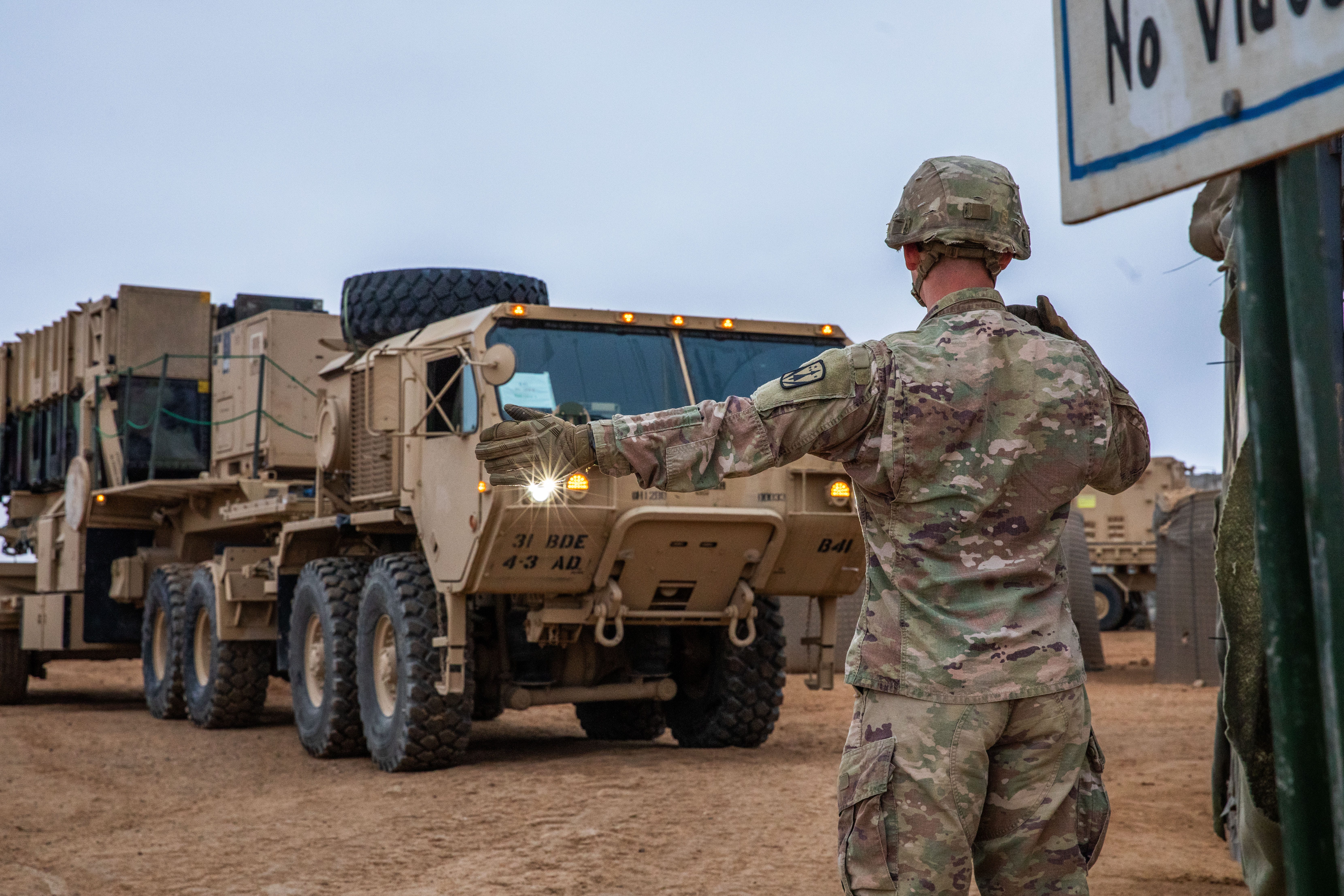 A US Army Soldier assigned to Bravo Battery, 4th Battalion, 3rd Air Defense Artillery Regiment, 31st Air Defense Artillery Brigade, conducts air defense training with Patriot missile batteries within the US Central Command's area of responsibility on February 8, 2025.