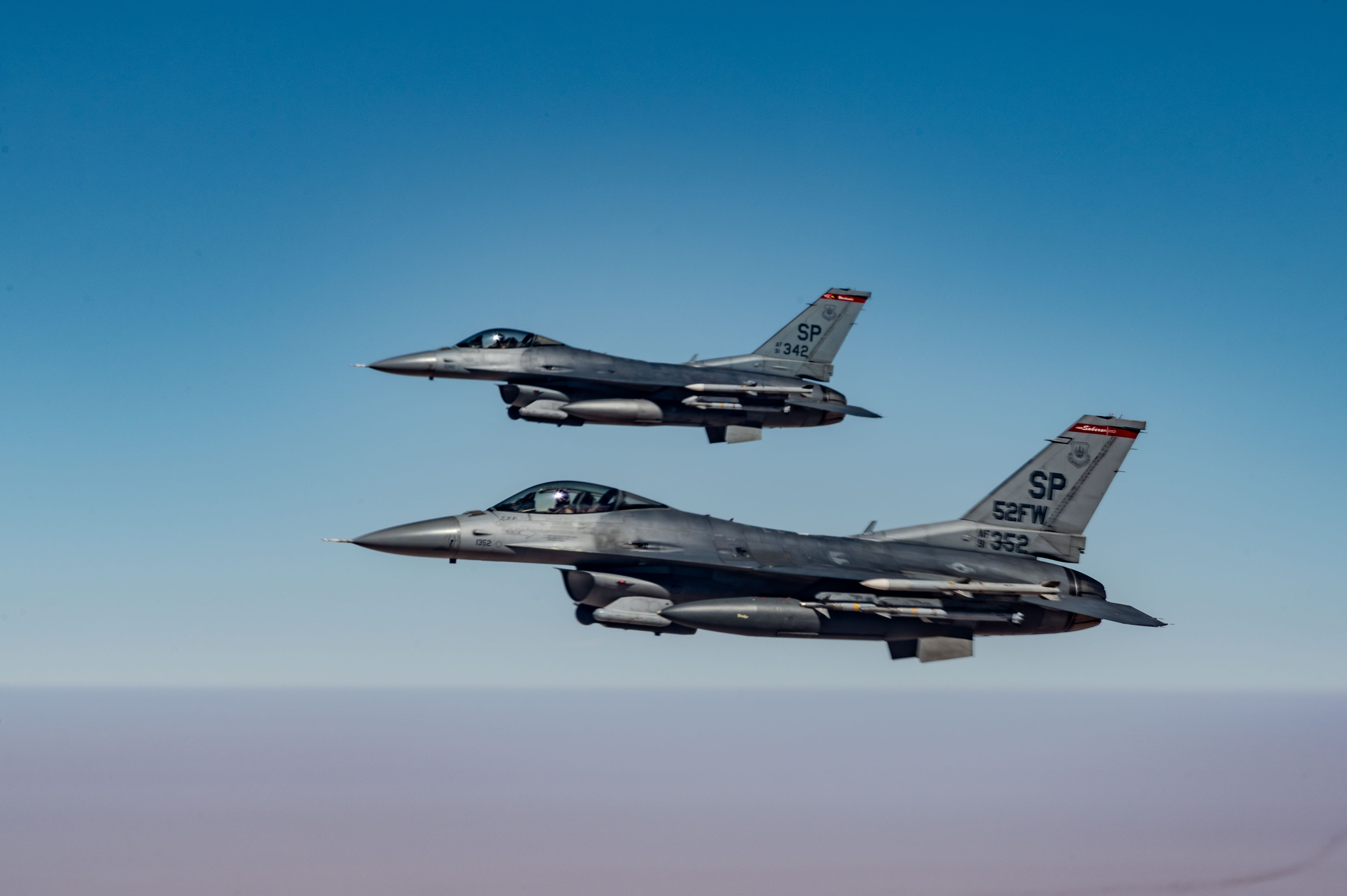 US Air Force F-16 Fighting Falcons fly a presence patrol over the US Central Command area of responsibility, February 11, 2025.